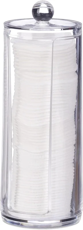 Bomullsrondelldispenser med lokk, plast, sminke, oppbevaring baderom og toalettbord, 20 x 7 cm, transparent, polystyren