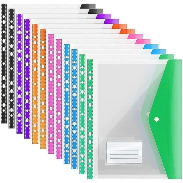 【NX】12-pack A4 plastfickor med knappar, expanderbara A4-fickor med hål Kompatibel med A4-pärmar, med snäppstängning