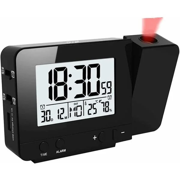 LED-väckarklocka med projektion, digital klocka med stor LCD-display, digital projektionsklocka med två larm, snooze-funktion, inomhustermometer