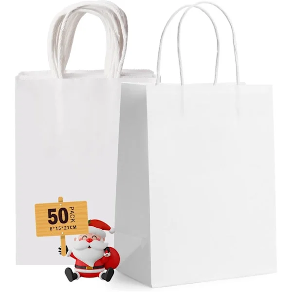 Små Presentpåsar med Handtag Bulk 50st Robusta Papperspåsar Vita för Bröllopsfest Presentpåsar, Matbutikspåsar, Detaljhandelspåsar Presentpåsar