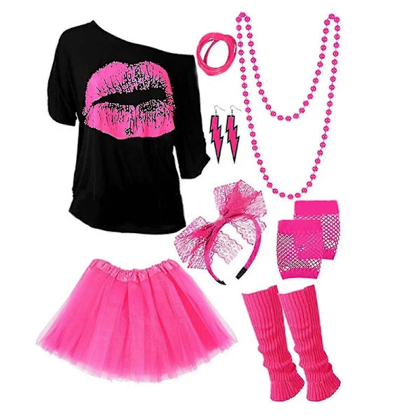 80-tals 90-tals Outfit Dam Maskeradkostymer, Temafest, Kläder Neonaccessoarer, 100% Ny Rosröd