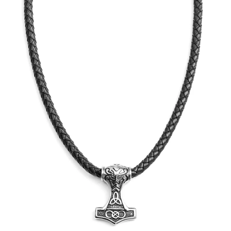 Double Sided Celtic Black Leather Necklace for Men - Thor's hammer necklaces