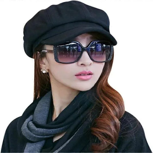 Svart Baker Boy Caps for Kvinner Jenter Bereter Franske Beanies Caps Varme Ull Newsboy Caps Dame Klassisk Toppet Caps Flate Caps