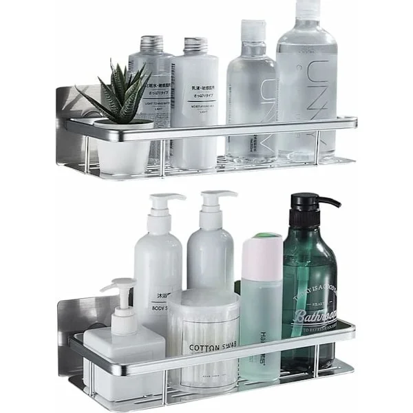 Drill-Free Aluminum Shower Caddy - Bathroom Storage - Self-Adhesive Bathroom Shelf - Silver Shower Shelf