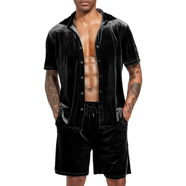 Mænd Casual Kort Sæt Fløjl Kortærmet Knapløs Skjorte 2 Dele Outfits Tracksuit