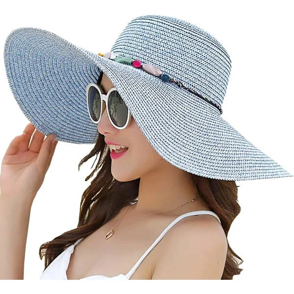 Women's Wide Brim Straw Hat Foldable Sun Hat UPF 50+ (Blue)