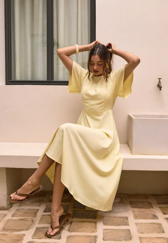 BUBBLEROOM - Linen Midi Dress - Yellow - Midiklänning