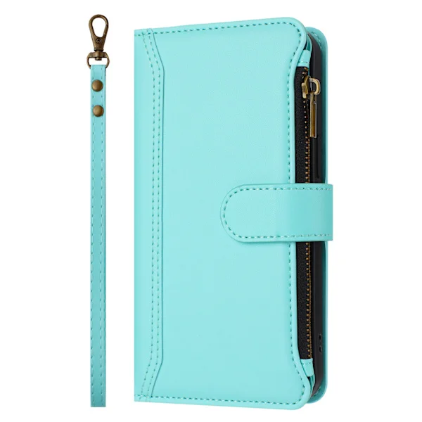 Compatible Genuine Leather Case for Samsung, with 9 Card Slots, Zipper Wallet, Stand, and Wrist Strap Attachment Mint Green[TT]