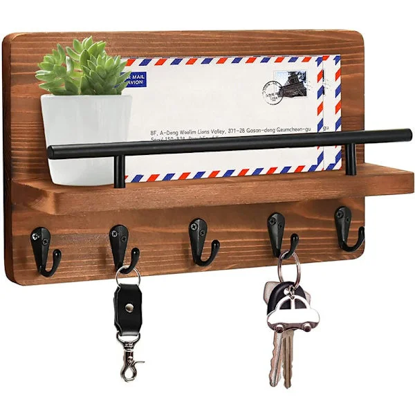 Nøkkelholder/henger for veggdekorasjon med 5 nøkkelkroker, trehylle med hylle, rustikk innredning for entré, garderobe