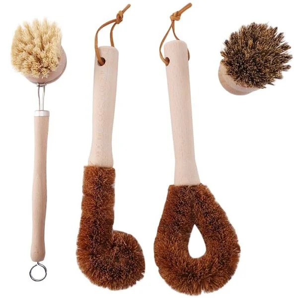 Plant-based cleaning brush, 4 pieces, beech wood and walnut bristles Wooden pot and pan cleaning brush - Bottle brush