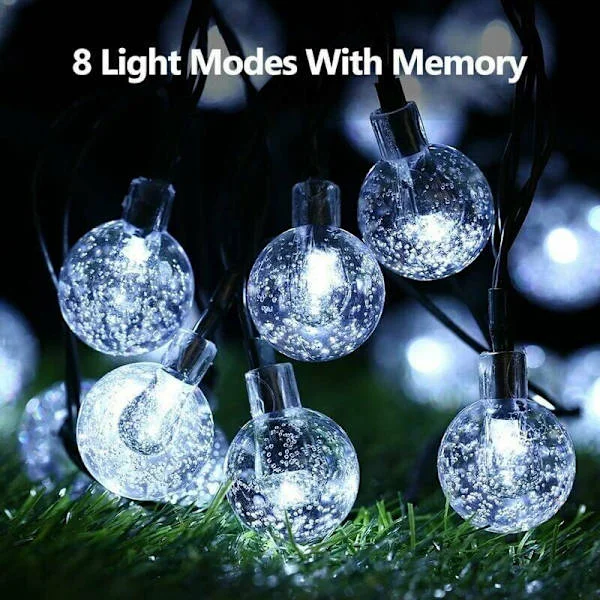 Solar Powered Outdoor String Lights 6.5m 30 LED Solar Ball String Lights 8 Modes Waterproof Crystal String Lights Indoor Garden Patio Home Pair
