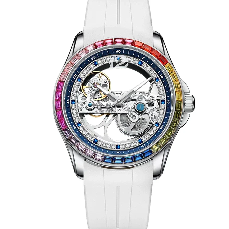 AliExpress - Eine elegante Vintage-Armbanduhr für Damen mit Regenbogen-Strasssteinen und großer Zahl aus weißem PU-Leder