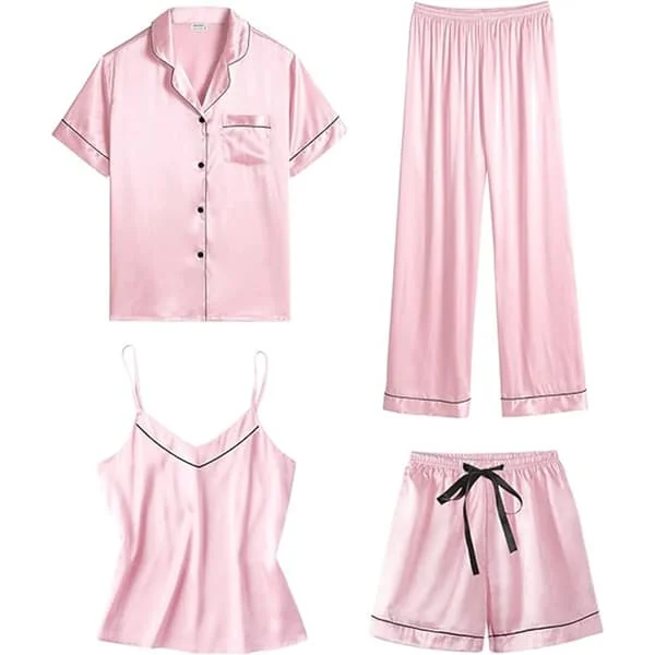 Naisten 4-osainen silkkisatiinipyjamasetti yöasut seksikkäät pyjamat oleskeluasut Pinkki S Pinkki S S Pinkki