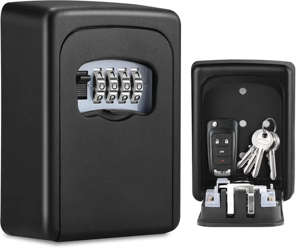 Key Box, Wall Mounted Key Lock Box with 4-Digit Combination, Weatherproof Key Safe for Home, Garage, Airbnb, Black