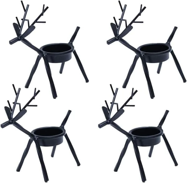 4 stk. jule-reinsdyr votivlysestaker, ren svart metall telysholder