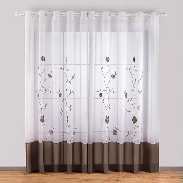 1 stk. blomstret brodert gardin med maljer for soverom, kjøkken, stue, 140 cm x 245 cm, solbrun