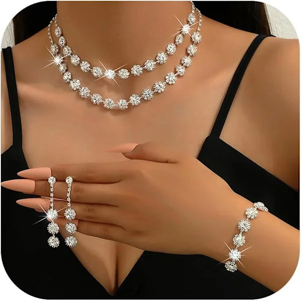 JamY Home Sølv Bryllupssmykkesæt til Brude Rhinestone Halskæde Øreringe Armbånd Sæt Brudekostumesmykker til Kvinder Formel Bryllupsgæst