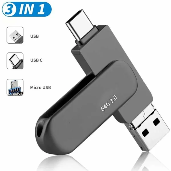 HUGERSTONE USB C Minne 64 GB USB Minne 3 i 1 USB Minne, USB 3.0 Type-C Minne, Minnekort for MacBook Pro, Android Mobil