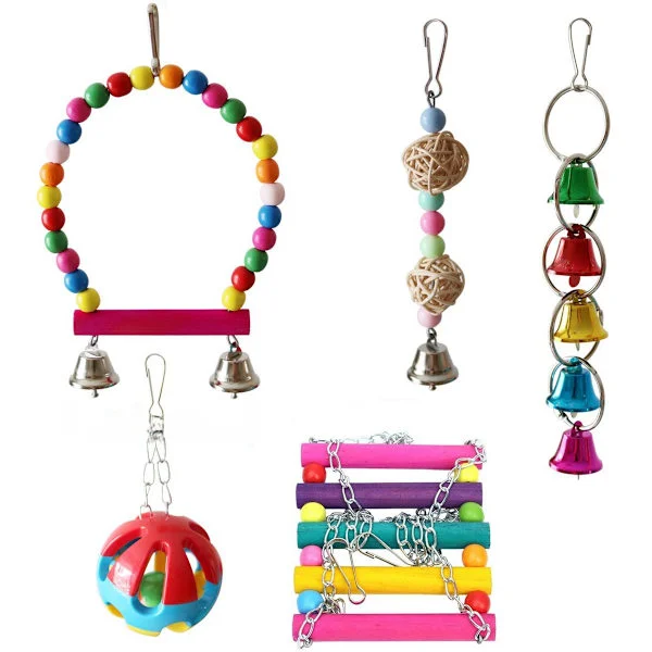 Bird Cage Bird Toy Set 5 Pieces, Bird Swing, Ladder, Ball with Bell, Parakeet Toys