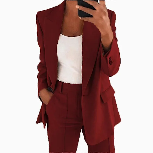 [RM]Women's 2 Piece Suit - Blazer Set Elegant Business Workwear Vintage Classic Solid Color Ruched Sleeve Open Front Suit Jacket and Straight Leg 