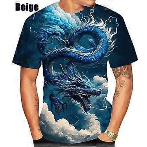 Menn Drage Mønster T-skjorter Sommer T-skjorter Menn Casual 3D Print T-skjorte Mote O-hals Kortermet Topper(XXXL beige)