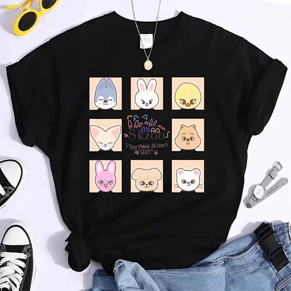 K-POP Stray Kids T-skjorte Herr og Dame T-skjorter Harajuku Y2K T-skjorte Casual Sommer Kortærmede T-skjorter for kvinner TL3274-Svart TL3274-Black