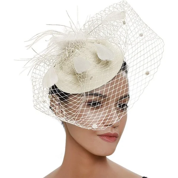 Beige - Tyylikäs hääfascinator-hattu morsiusverho vintage-verkkopäähine mini hääverho baskeri höyhenhiuskoristeella juhlamekko Eve