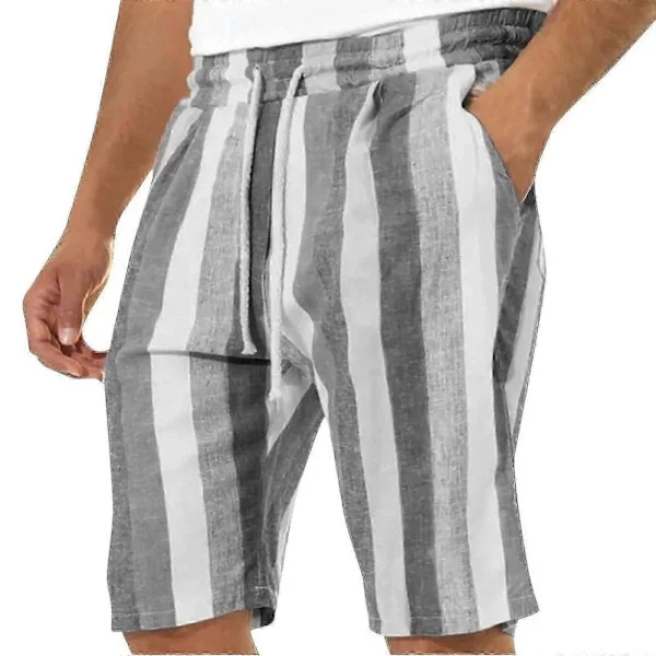 Herr Casual Bomull Linne Shorts, Sommar Färgblock Randiga Dragsko Midja Shorts