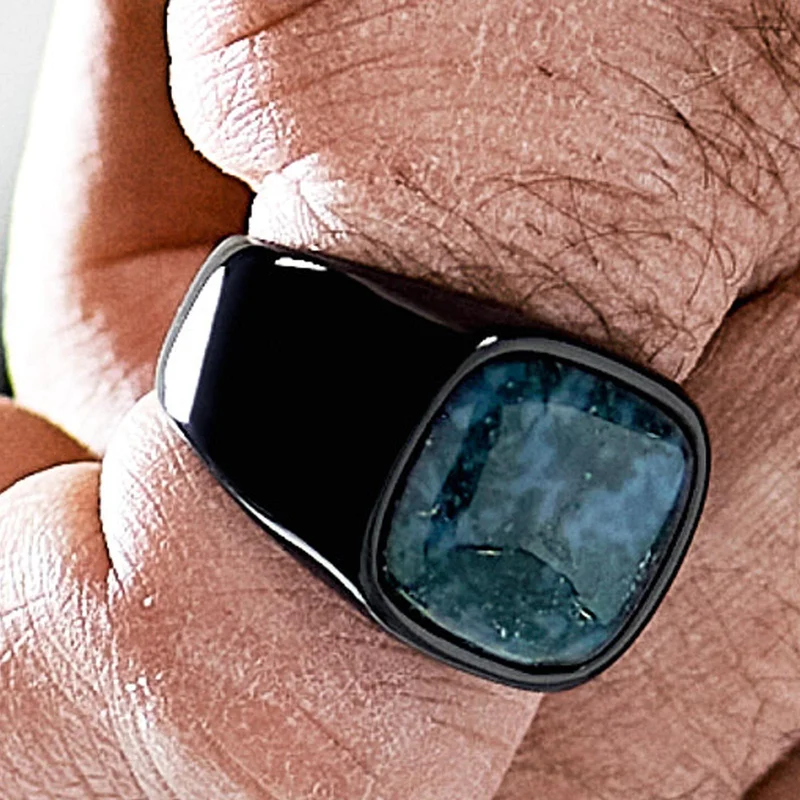 Aras | Black Stainless Steel Moss Agate Pinky Signet Ring for Men