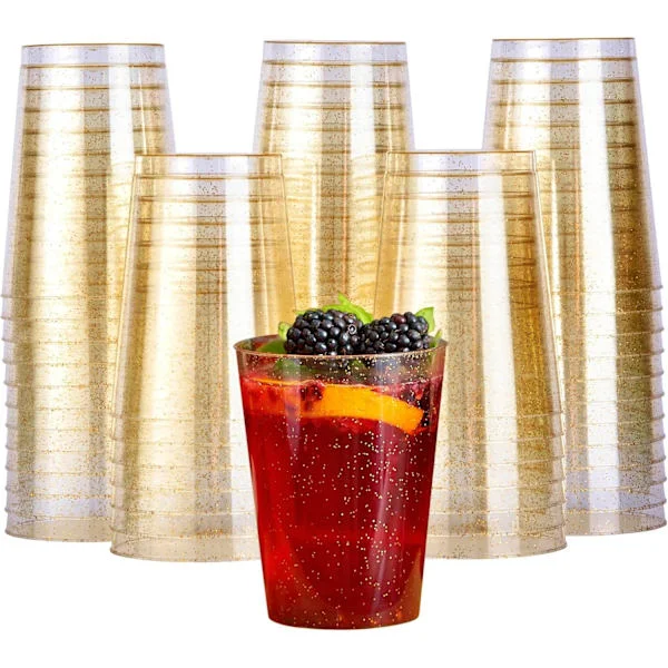 50 Premium Tykke Plastglass, Plastpartyglass med Gullglitter (285ml / 10oz) - Gjenbrukbare Plastglass, Tumblers