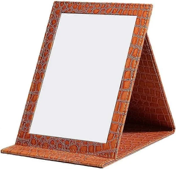 PU Leather Desk Mirror, Portable Folding Makeup Mirror, Table Mirror with Stand for Cosmetics Personal Beauty 17x12CM -Qin Brown