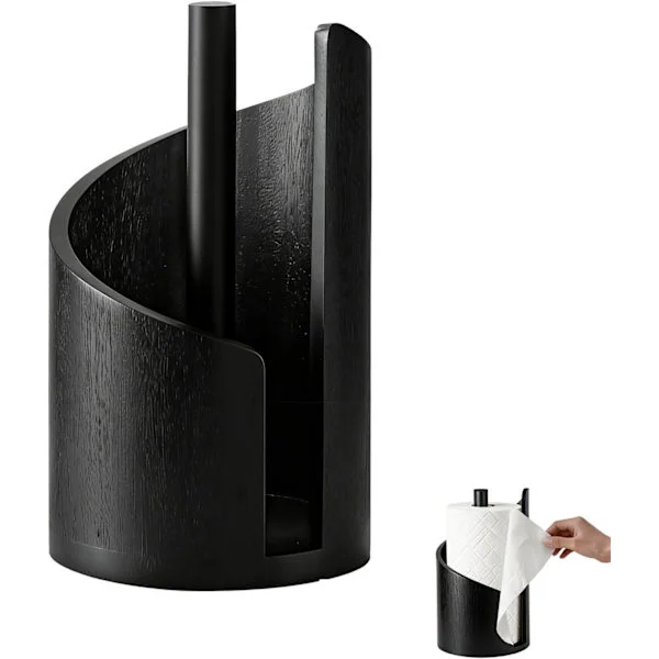 Tørkepapirholder i tre for benkeplate, laget av mangotre og en rund jernbase, med en trebase og jernstøtte.