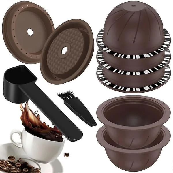 5 stk. Genanvendelige Vertuo Kapsler Til Nespresso Maskine, Kaffekapsel Med 2 Silikonelåg, 1 Ske Og Børste, (150ml)