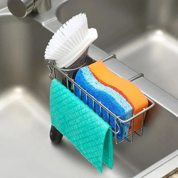 3-in-1 Sink Caddy for Sponges, Movable Brush Holder, Dishcloth Hanger