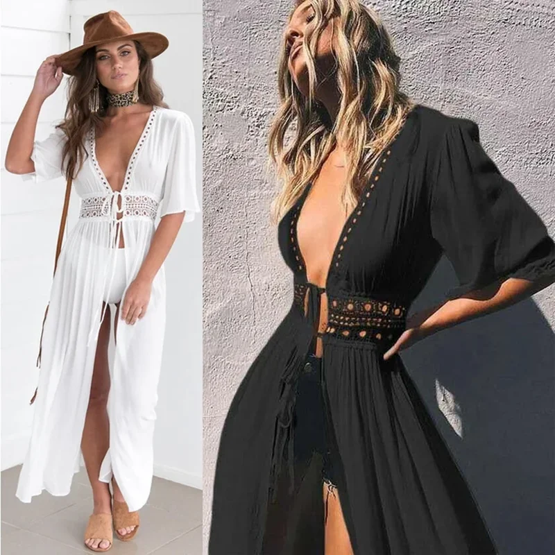AliExpress - Damen Sommerkleid Lady Lace Boho Strand Badeanzug Bikini Cover Up Lace-Up Lange Bluse Hollow Out Sonnenschutz Strickjacke Schal