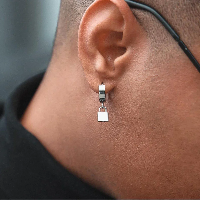 Floyd Steel Padlock Pendant Hoop Earring for Men - Charm Hoop Earrings