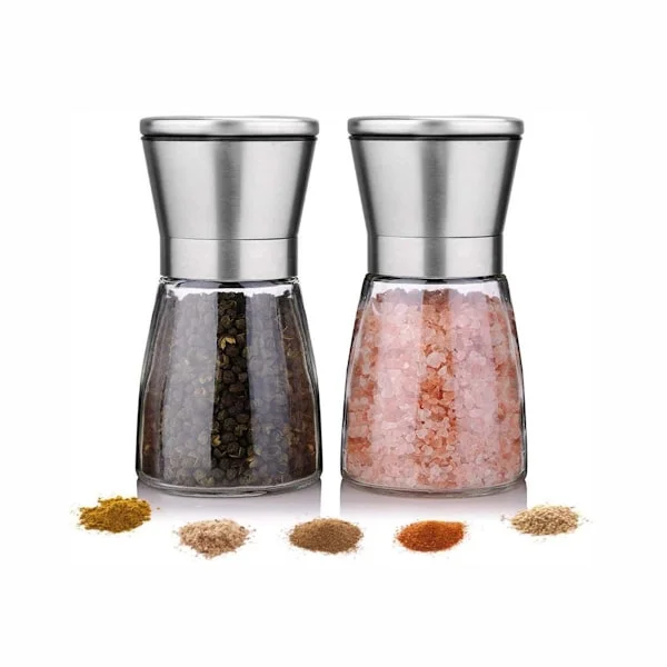 Todelt kværnsæt, Peberkværn, Saltkværn, Sølv køkkenkværnflaske, Krydderikværn, Glas, Sølv, 180 ml