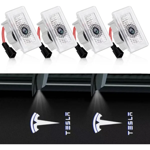 4 stk. Tesla Puddle Lights Bil Lampe Dørlys Logo Projektor, Ultralet LED 3D Laser Ghost Shadow Light, Invitationslys til Model 3 YSX Tilbehør