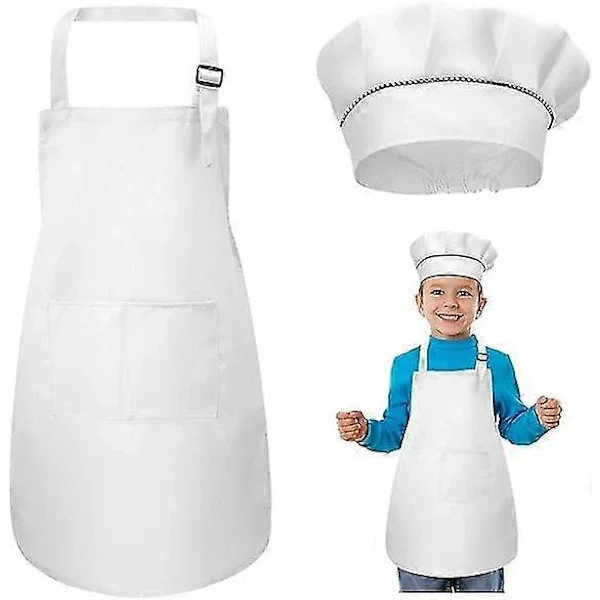 Children's Apron and Chef Hat Set, Adjustable Kids Apron with 2 Pockets for Boys and Girls, for Cooking and Baking