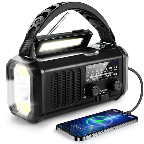 Hätäradio kammella, 10000mAh hätäradio, aurinkoradio AM/FM-sääradio, USB Type-C -lataus, taskulamppu ja LED-lukuvalo