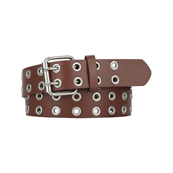 Double Grommet Belt in PU Leather, Punk Belt for Women and Men, Jeans Belt with 2 Holes, 1.5 Inch Wide (Brown)
