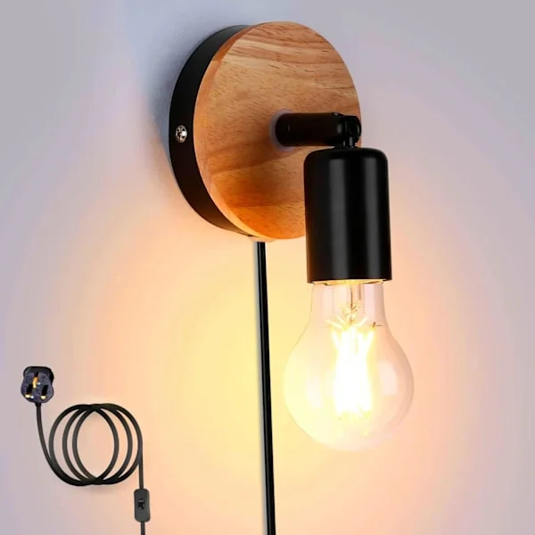 Industrial Wall Sconces with Switch Plug in Wall Lamps Indoor Wooden Wall Light 360° Rotatable Rustic Wall Lamp E27 - Black (Bulb Not Included)