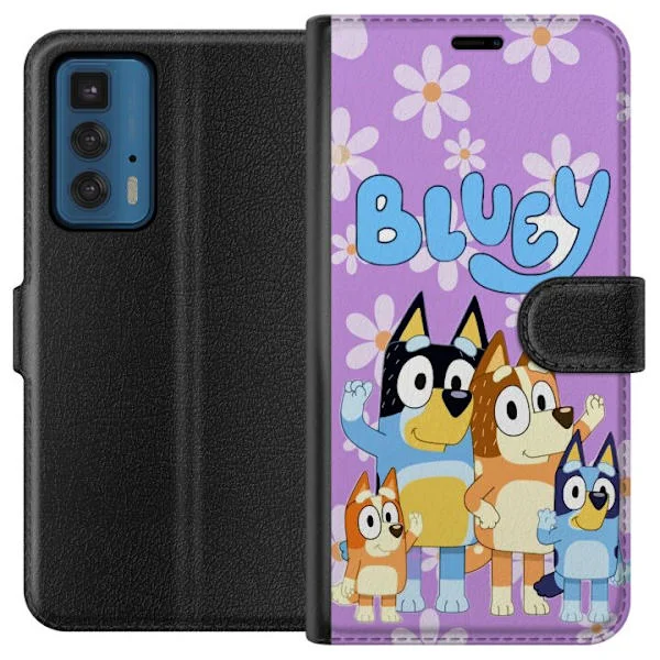 Kompatibelt Plånboksfodral till Motorola Edge 20 Pro Färgglatt Bluey-motiv med familjen på lila bakgrund och lekfulla blommor för barn