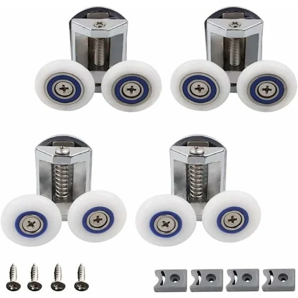 4-delad duschdörrshjulssats – Aluminium- och nylonhjul – Dubbellager för 4-8 mm glasdörrar – Enkel installation