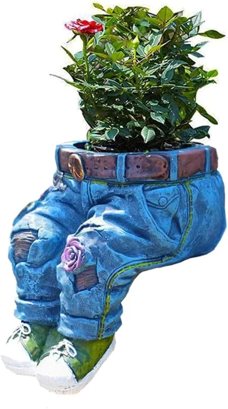Denim Resin Flower Pot - Decorative Pots for Garden, Indoor and Outdoor, Sitting Resin Garden Pots, Denim Fabric Sculpture