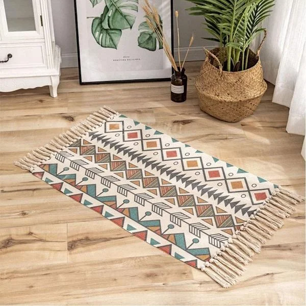 Colorful Rugs, Small Rugs for Living Room, Moroccan Rug with Tassels, Geometric Printed 60x90cm Machine Washable Flat Woven Rug