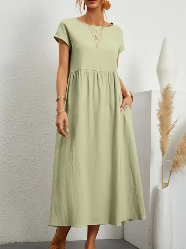 AliExpress - Frauen elegante solide Maxi kleid Sommer Kurzarm o Hals Vintage Harajuku Baumwolle Leinen lose Sommerkleid y2k Taschen langes Kleid