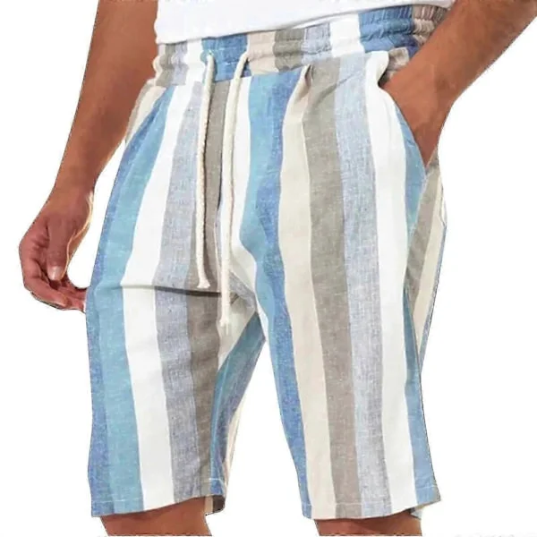 Herr Casual Bomull Linne Shorts, Sommar Färgblock Randiga Dragsko Midja Shorts