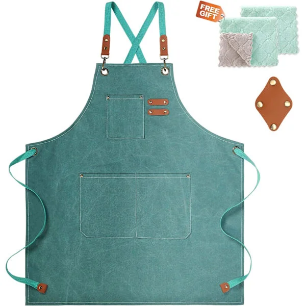 Chef's Apron, Cotton Canvas Garden Apron with Large Pockets for Men and Women, Kitchen Cooking Baking Bib Heavy Duty Adjustable Gardening Apron