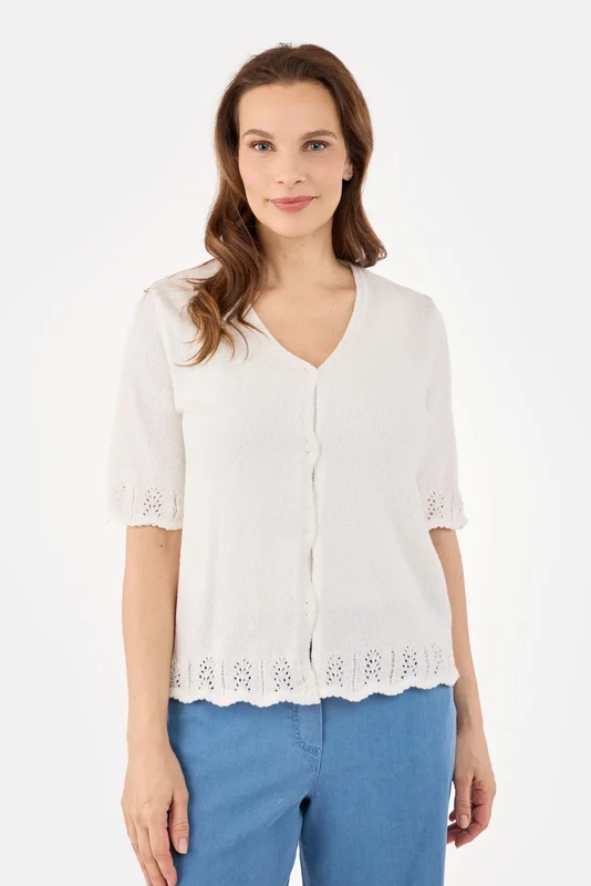 SIGNATURE - Kortærmet Strik Cardigan - Off White - Hulmønster